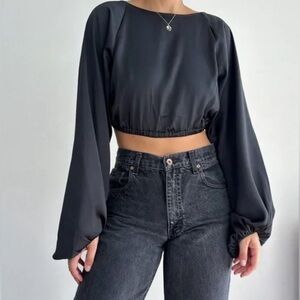 WeWoreWhat Black Billow Open Back Crop Top   - Size Small